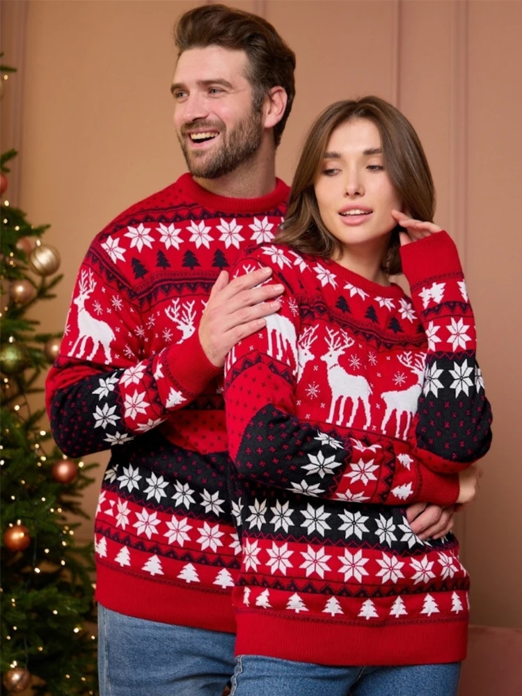 

2023 Christmas New Autumn/Winter Couple Wear Men's and Women's Deer Jacquard Long Sleeved Sweater for Warmth
