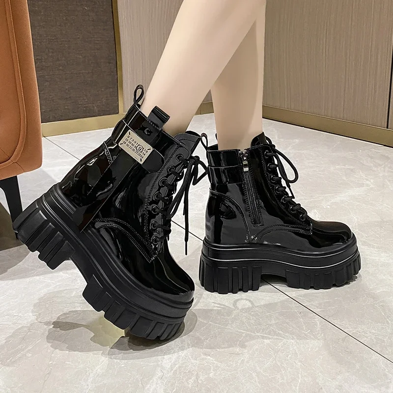 

Women's High Platform Motorcycles Boots Winter 10CM Wedge Heels Mid-calf Boots Female Chunky Sneakers Autumn Leather Shoes Woman