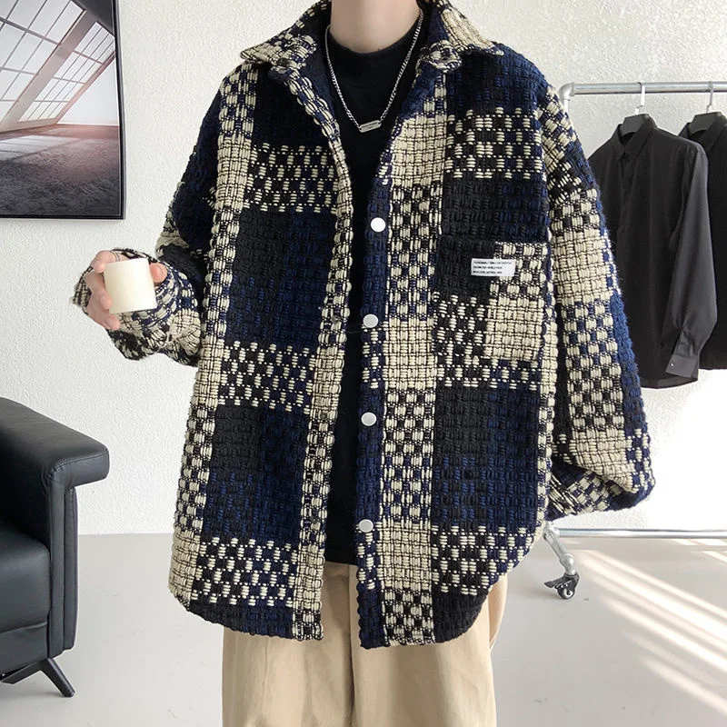 

2022 Men's Fashion Trend Streetwear Casual Jacket Plaid Printing Windbreaker Loose Lapel Collar Coats Grey/khaki Color Outerwear