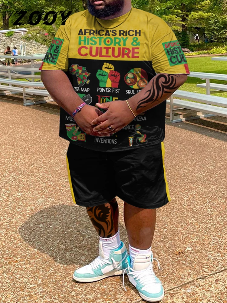 

ZOOY (L-9XL) Men's Plus Size Fashion Fashion Brand Cartoon African Ethnic Graffiti Graphic Casual Short Sleeve Shorts Set