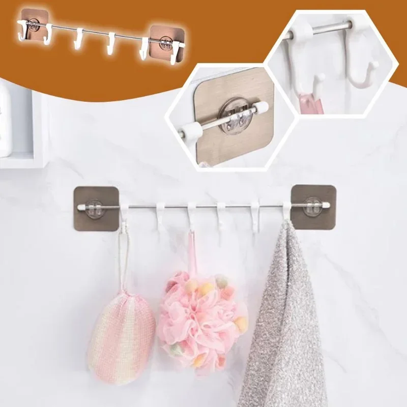 Stainless Steel Wall Hanging Rod 6 Hook Self-adhesive Wall Rack Bathroom Kitchen Rack Storage Free Punching and Strong Suction kitchen storage rack kitchen organizer wall mounted hook rack