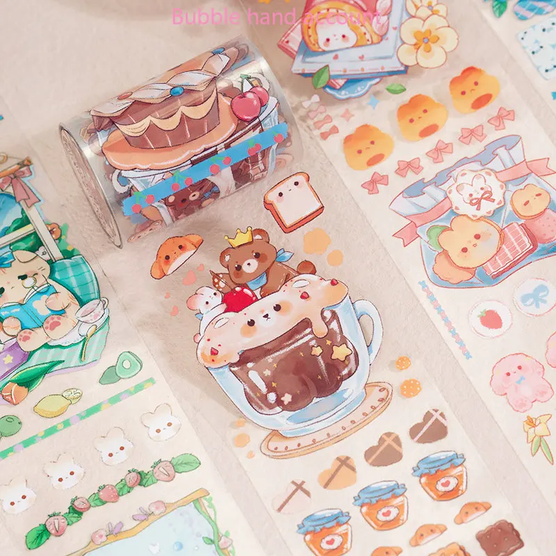 

Cat Peach Dessert House Special Oil PET Tape Whole Roll Cute Cartoon Girl Pocket Diy Pocket Material Sticker