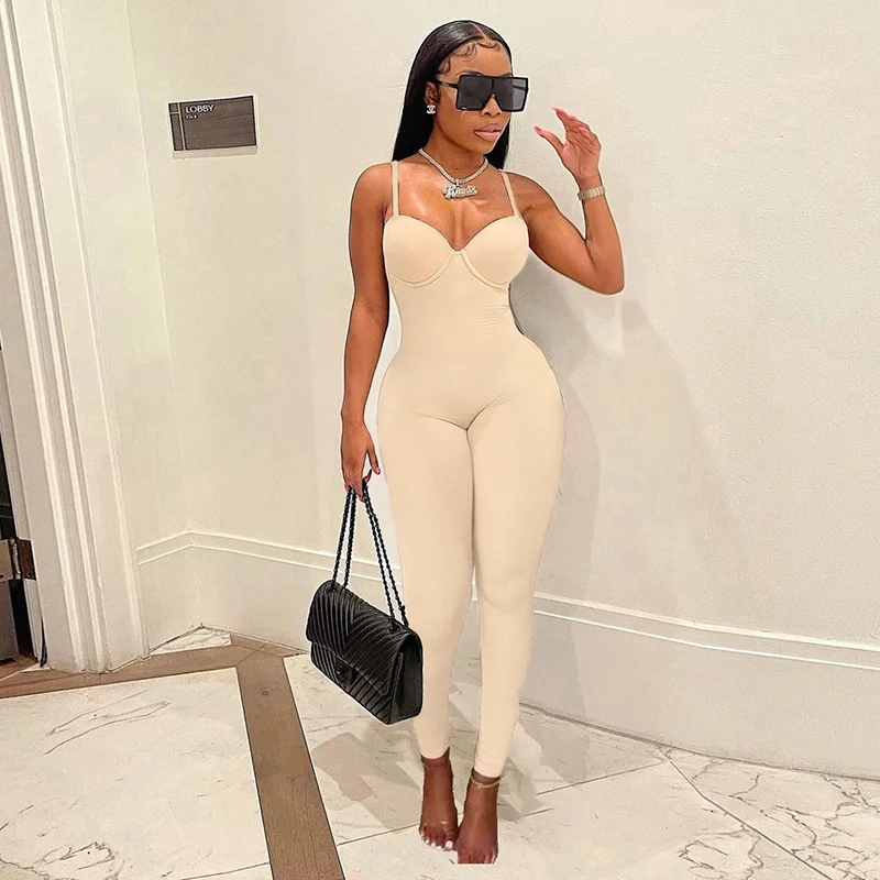 BKLD Sexy Clubwear Outfits For Women Winter Low-Cut Spaghetti Strap High Waist Skinny Fitness Bodycon Jumpsuit Solid Color
