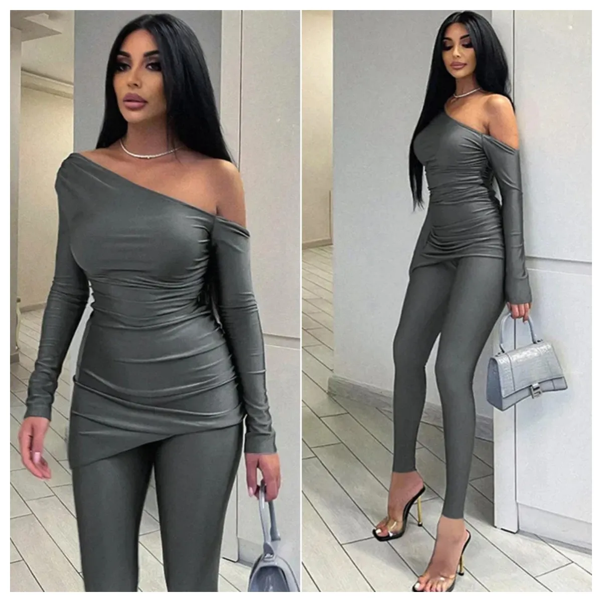 Women Solid 2 Piece Set Tracksuits Sexy Inclined Shoulder Full Sleeve Ruched Long Tops Leggings Pants Casual Street Jogger Suits