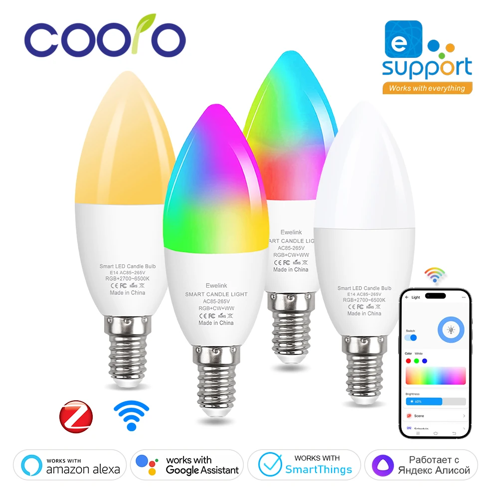 

EWelink WiFi / Zigbee 3.0 E14 Candle RGB LED Light Bulbs AC85-265V Smart Dimmable Lamp Works With Alexa Lamp Google Yandex Alice