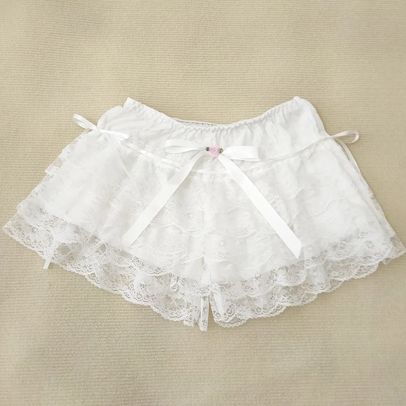 Multilayer Lace Shorts Women Lolita Bow Ruffles Elastic Waist Cute Bottoming Shorts and Leg Ring Sweet Girls Kawaii Clothes