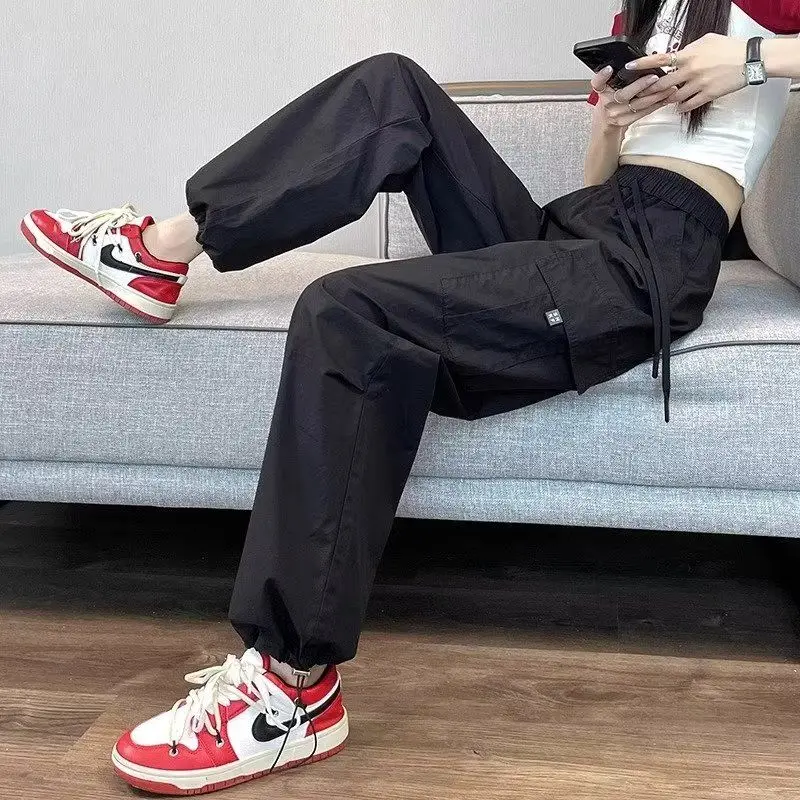 Women's Spring Summer Shirring Solid High Waisted Pockets with Elastic Harlan Lantern Wide Leg Workwear Trousers Vintage Pants