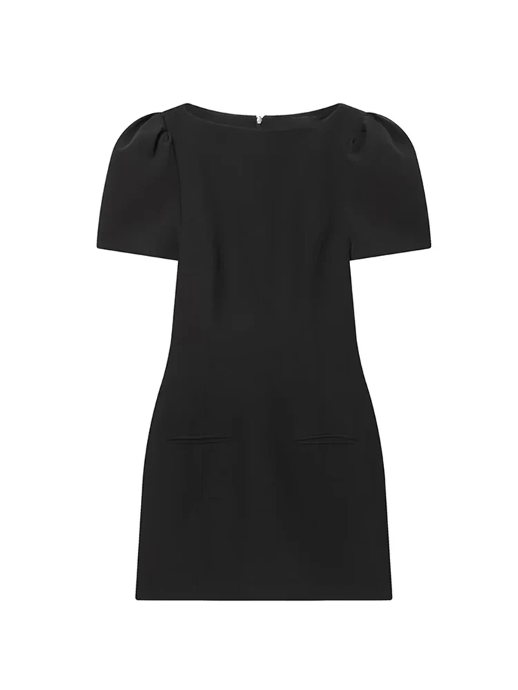 Women's Short Puff Sleeve Dresses Stylish Slimming Solid Pockets Elegant Zipper Mini Dress Fashion New Ladies Office Outfit