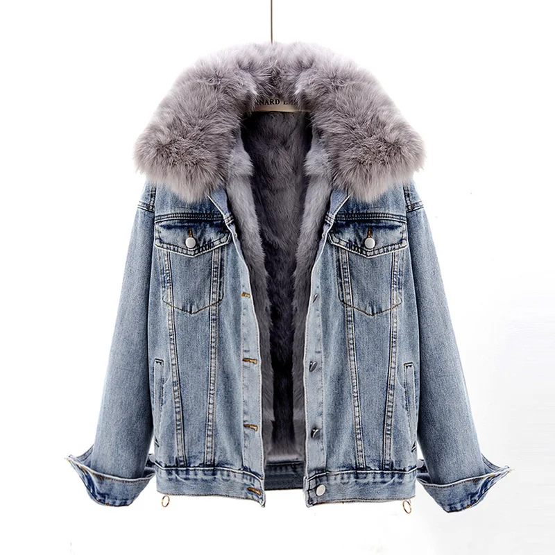 

Korean Winter Removable Fox Fur Collar Rex Rabbit Fur Liner Denim Jacket Women Loose Short Thick Warm Jeans Jacket Coat Female