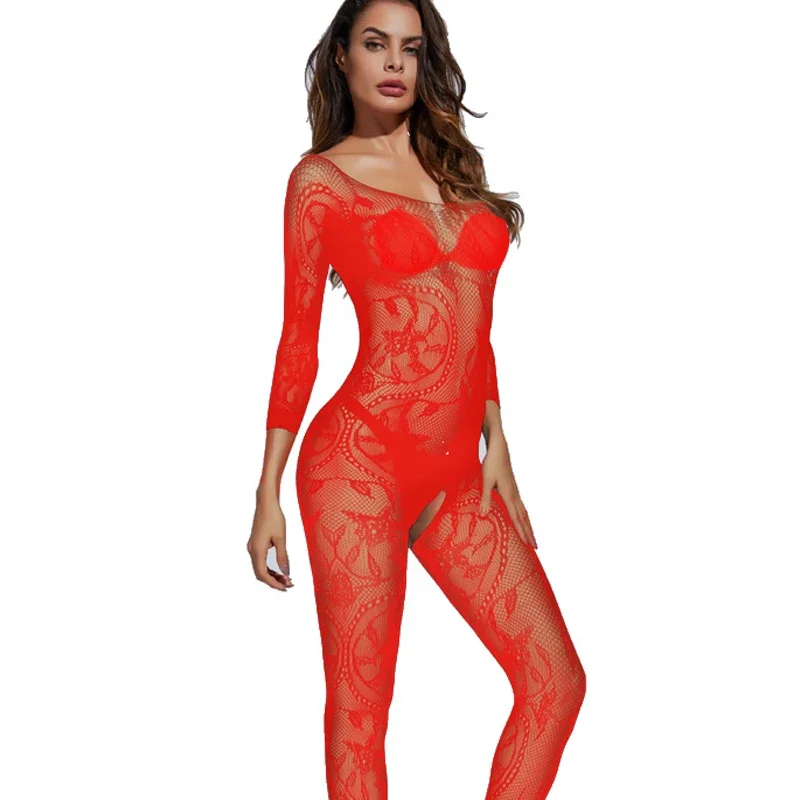 Woman Body Stocking Fishnet Sheer Sexy Leotard Sex Clothes Open Crotch Mesh Flower