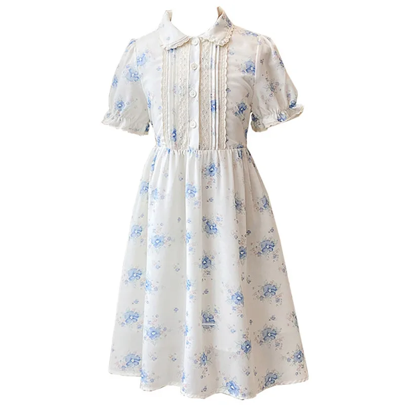 

kids teen girls chiffon lace trim flare foral dress 6 to 16 big girls fashion half buttoned flower print dresses clothing
