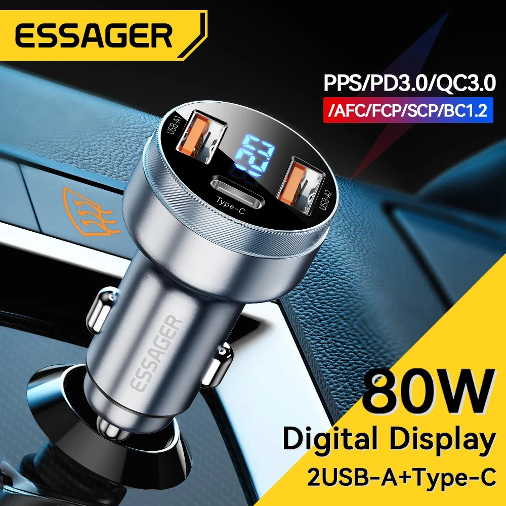 

Essager 80W Car Charger USB Type C PD Fast Charging Phone Quick Charge for iPhone 14 13 Huawei Xiaomi Samsung iPad Laptop Tablet