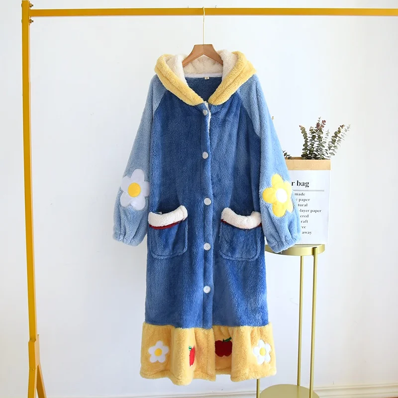 Princ Sle Double Sided Flannel Robe Women's Winter Coat with Hat Outdoor Wearable Long Robe Sweet with kets Bath Robe