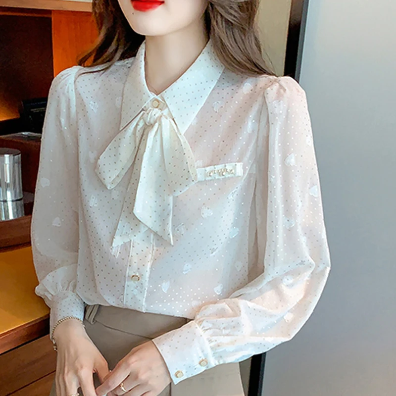 

New Fashion Printing Chiffon Blouse Women Office Lady Elegant Long Sleeve Women Shirt Bow White Buttons Female Clothing 24563