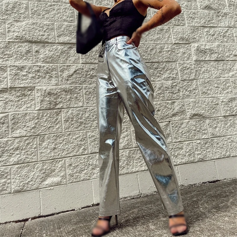 Women Fashion Metallic Shiny PU Leather Pants High Waist Casual Trousers Streetwear Straight Leg Pants Y2K Clubwear Bottom