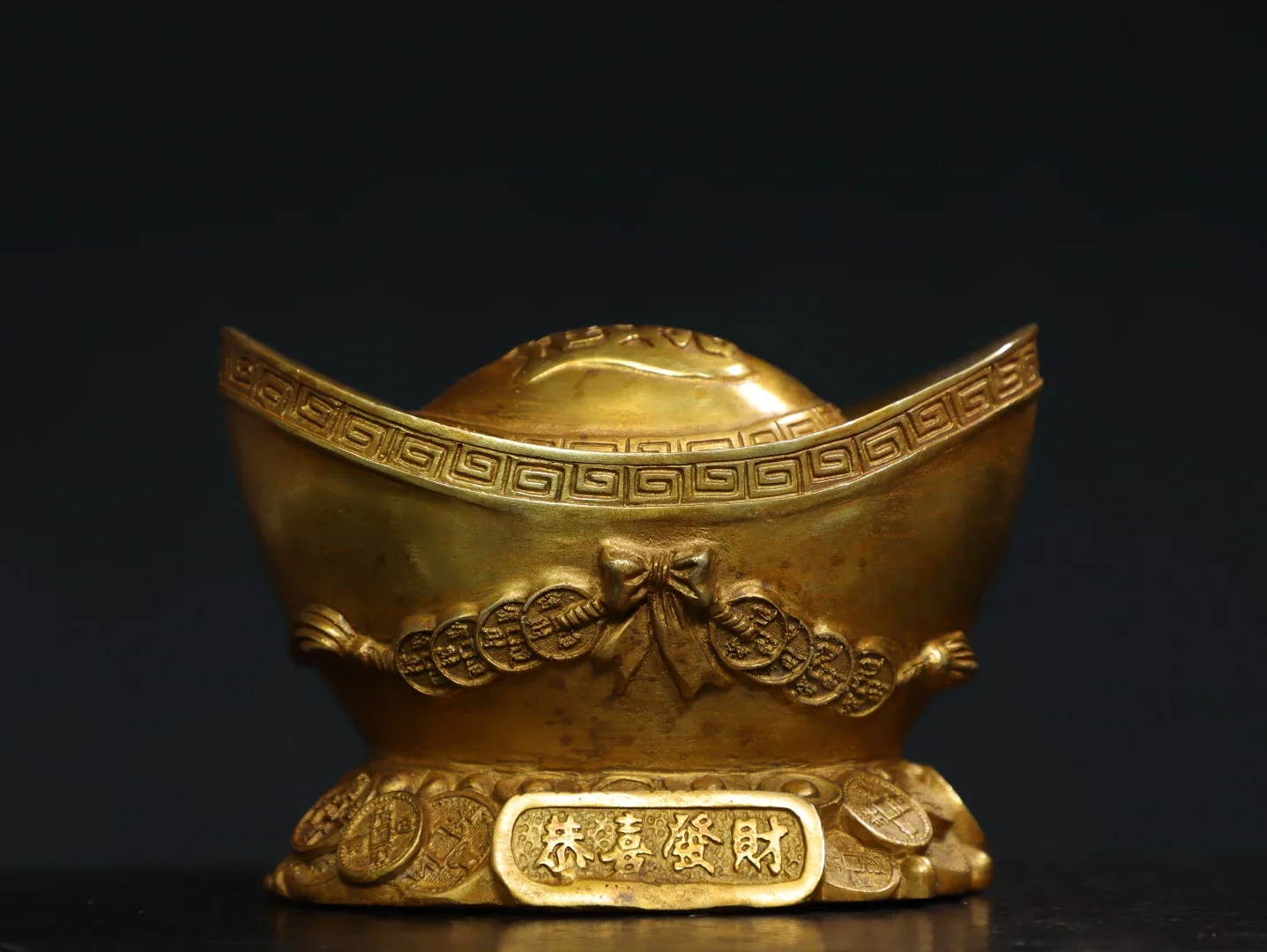 

6"Tibet Temple Collection Old Bronze Gilded Cinnabar Yuanbao Coin ingot Amass wealth Ornaments Worship Hall Town house