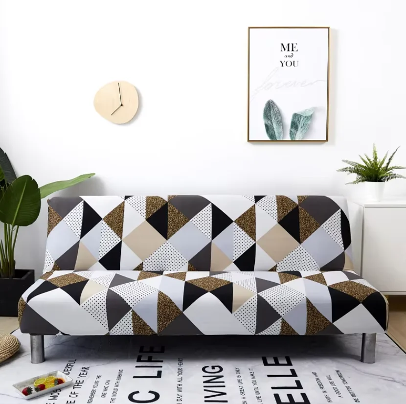 Black Geometric Print Spandex Stretch Sofa Bed Slipcover