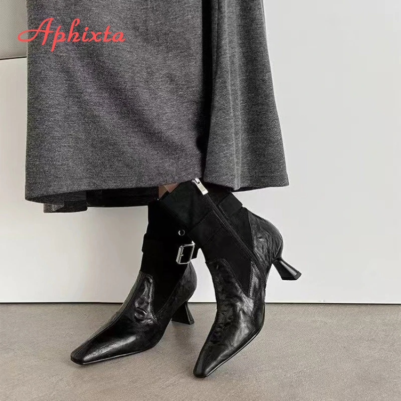 Aphixta High Heels Women Ankle Boots Elegant Metal Decoration Woman Modern Boot Side Zipper Sexy Soft Leather Women's High Boots