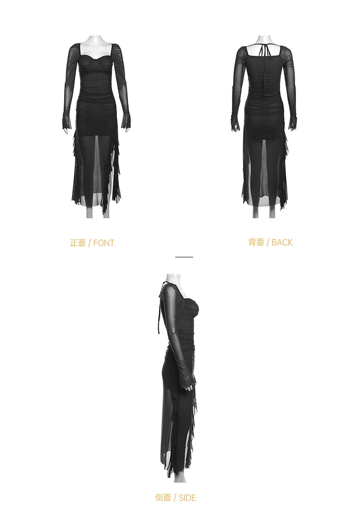 Sexy High Slit Bodycon Midi Dresses for Women Square Collar Long Sleeve Slim Evening Party Dress Club Prom Robe Y2K Vestidos New