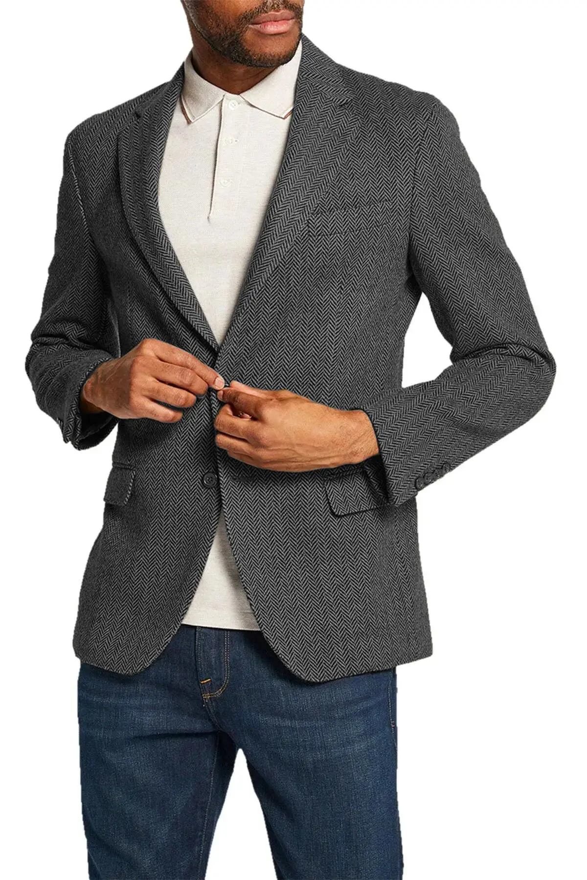 Brown/Gray Men's Herringbone Tweed Blazer Notch Lapel Jacket 2 Buttons Casual Coat Wedding Business Groomsmen Prom Party Jackets
