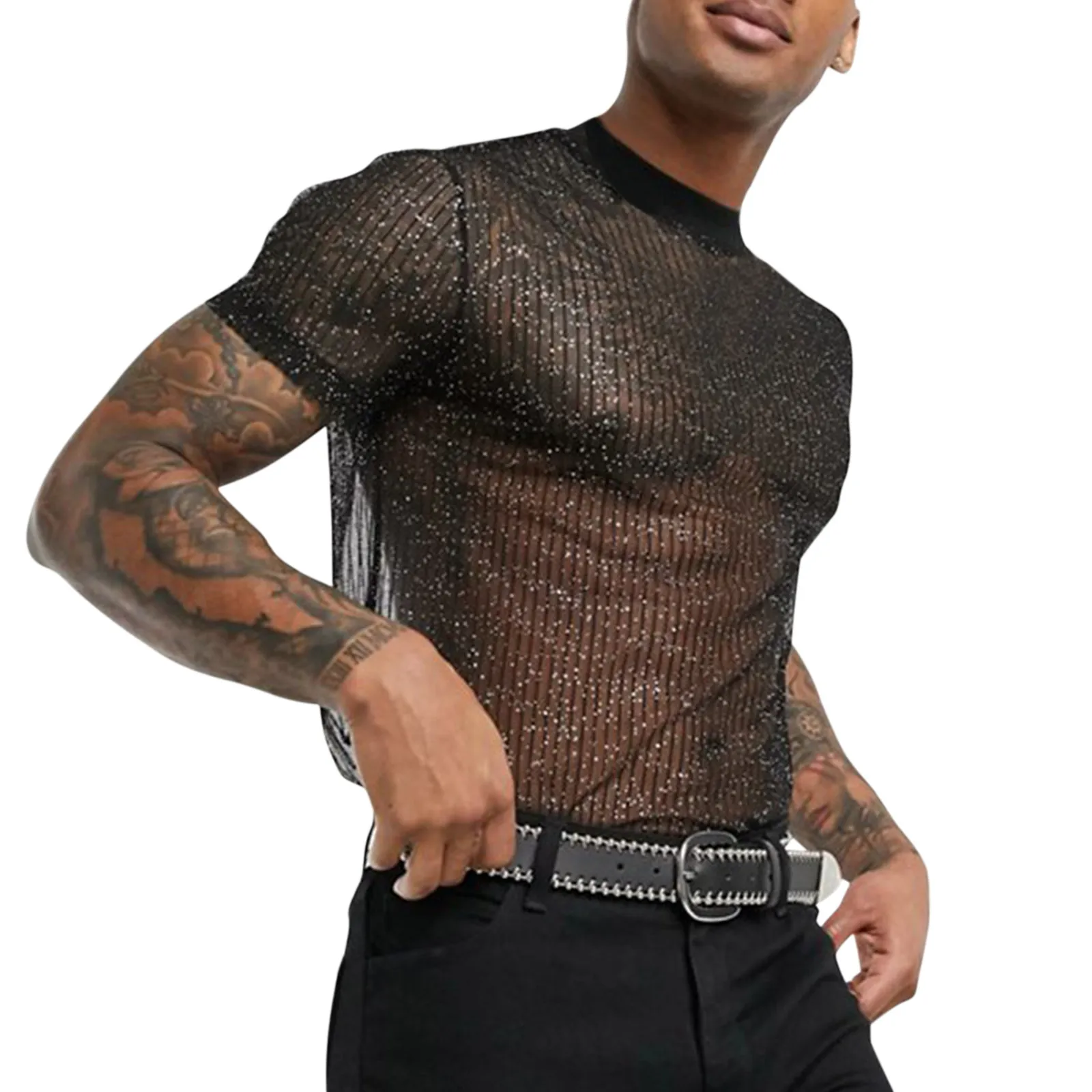 Men Glitter See-through T-shirt Short Sleeve Sequin Transparent Mesh Shirts Summer