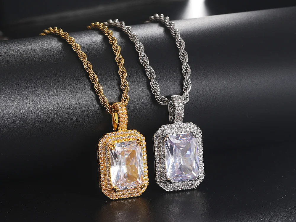 Gold farbig vereist Anhänger Halsketten für Frauen Hip Hop Quadrat Zirkon Mann Halskette Edelstahl Kette Hippie Schmuck os140 – Detail 9