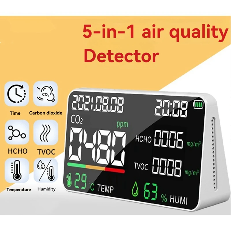 Air Quality Detector Smart Air Quality Tester With HCHO TVOC PM2.5 PM1.0 CO 2 Temperature Humidity And Time Display