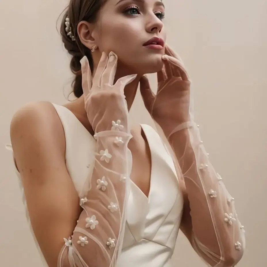 

vm14 Elegant Bride Gloves Pearls 3D Flower Wedding Gloves Elbow Length Finger Bachelorette Party Accessories for Girlfrend