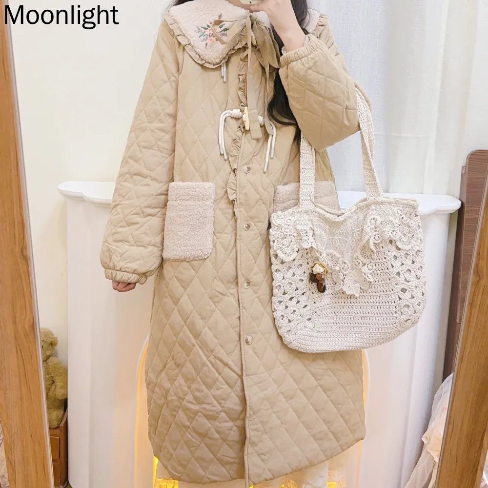 

Peter Pan Collar Thicken Long Parkas Vintage Mori Girl Embroidery Jacket For Women Winter Japanese Kawaii Oversized Warm Outwear