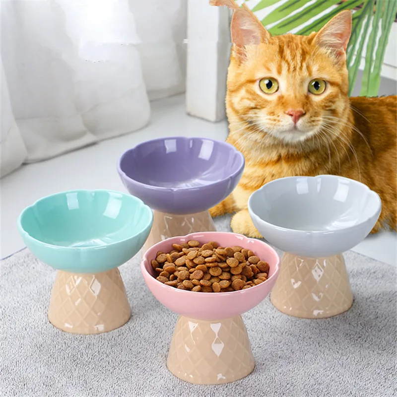 

Cat Cute Ceramic Bowl Ice Cream Shape Puppy Dogs Food Water Feeders Elevated Raised Pet Tilted Drinking Eating Accessories