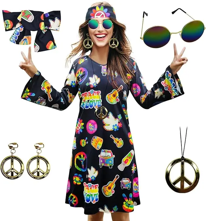 SATINIOR 70s 60s Hippie Costume Set 70s Outfits Accessories for Carnival Party Halloween Women Disco Dress for Girls