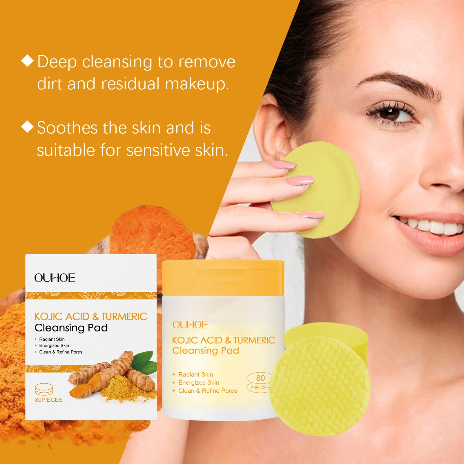 OUHOE Turmeric Kojic Acid Exfoliating Cleansing Pads Fade Dark Spot Oil Brightening Moisturizing Whitening Facial Sponges Cotton 5