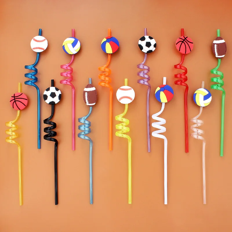 12pcs Reusable Sports Ball Straws-Basketball Soccer Baseball Themed Drink Straws for Birthday Parties Festivals and Weddings