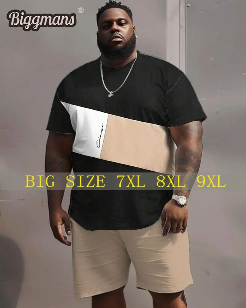 

Biggmans Plus Size L-9Xl Men's T-Shirt Set Hip Hop Bronson Short Sleeve Tee Oversized Tops Casual Stripe Print Suit Clothing