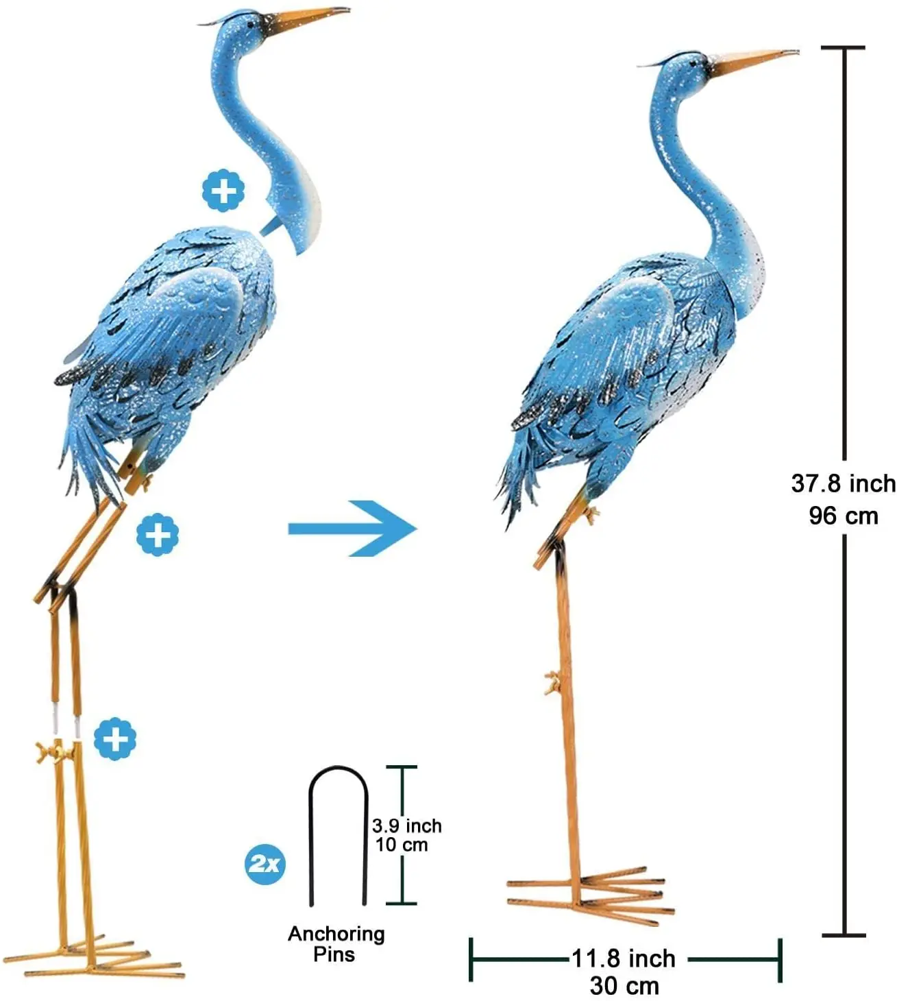 

Large Standing Blue Metal Crane Garden Statue- Indoor Outdoor Heron Animal Sculptures and Statues