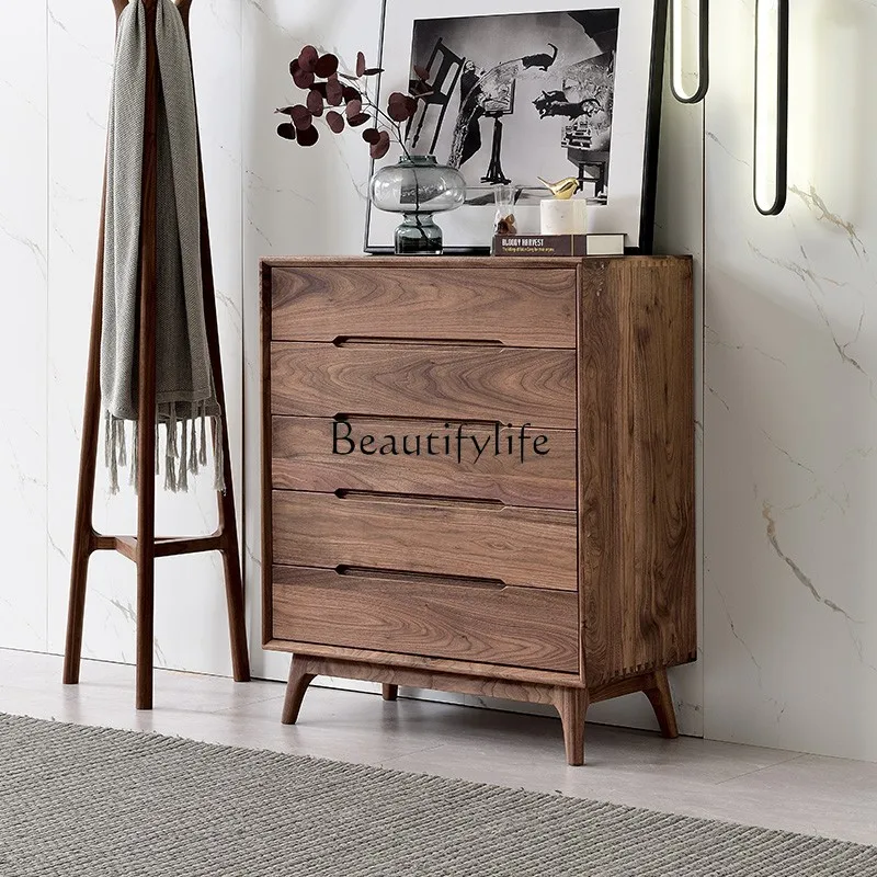 

Nordic Solid Wood Chest of Drawers Black Walnut Wooden Locker Modern Minimalist Kitchen Bedroom Storage Cabinet