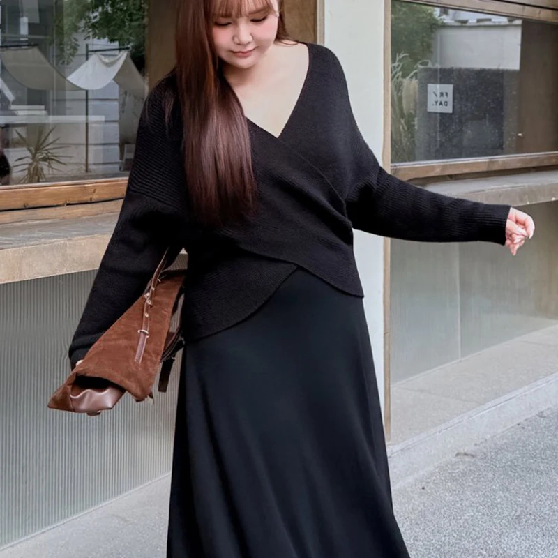 Fashion Plus Size Women Sweater XXXL Premium French Gentle Cross V-Neck Gentle Off-Shoulder Loose Minimalist Pullovers 8218