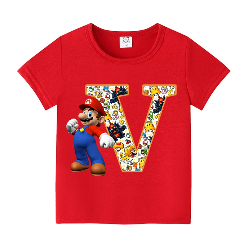 New Super Mario Bros T-shirts for Children Cartoon English Letters