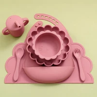 7PCS Baby Silicone Tableware Set Adjustable Bib Cartoon Lion Shape Placemat Bowl Plate Feeding Training Spoon Fork Portable Cup 1