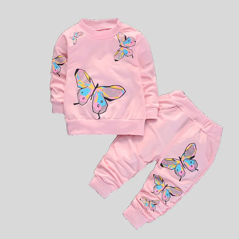Girls 2Pcs Tracksuit Colorful Butterfly Print Crew Neck Long Sleeve Sweatshirt Elastic Cuff Jogger Pants Kids Casual Outfit Set 3