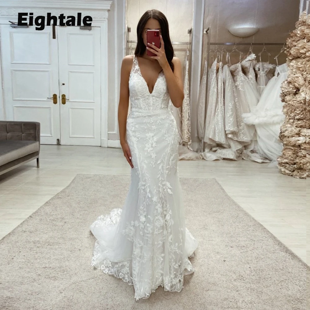 

Eightale Vintage Wedding Dress V-Neck Lace Formal White Ivory Custom Made Beach Mermaid Birdal Gowns Boho vestido novia