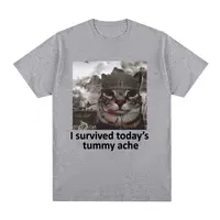 I Survived Today's Tummy Ache T-Shirt Funny Cat Meme Short Sleeve T Shirt Men Women Cotton Casual Oversized T Shirts Streetwear 2