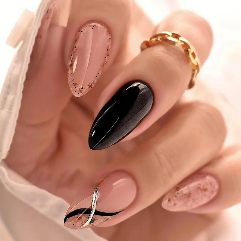 24 stuks golvende onregelmatige amandelnagels set druk op acryl eenvoudige puntige uiteinden kunstnagels met lijm lange volle inham Lg_voghion.com
