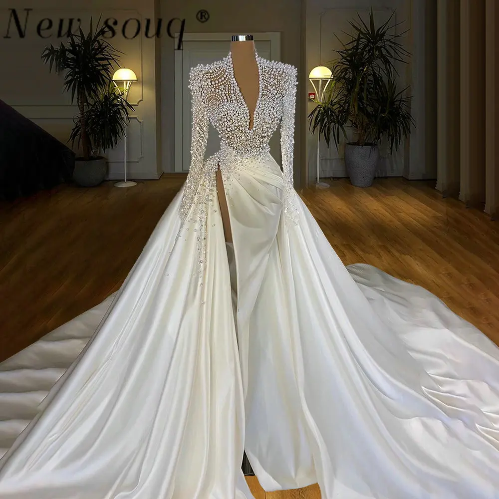 

Sexy High Side Split Pearls Satin Mermaid Wedding Dresses With Detachable Train V Neck Long Sleeve Bridal Gowns Robe De Mariée