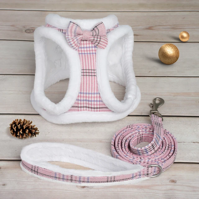 Winter Warm Dog Harness Leash Set Soft Fur Padded Dog Harness Vest No Pull Adjustable Pet Harness With Lead Leash Cute Bowknot 2