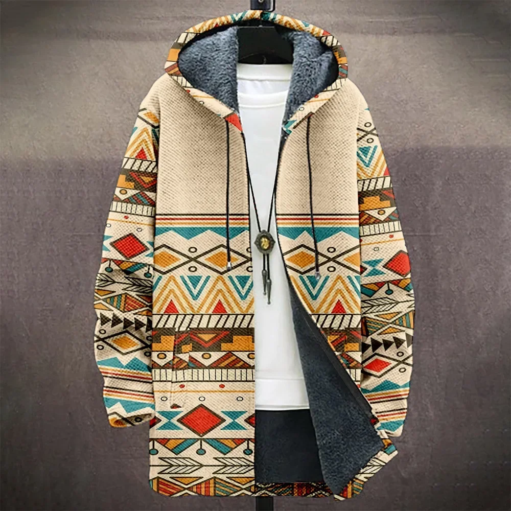 Men Jacket Cardigans Native Aztec Graphics Coats Printed Mid Trench Outdoors Fleece Winter Casual Streetwear Mens Clothing