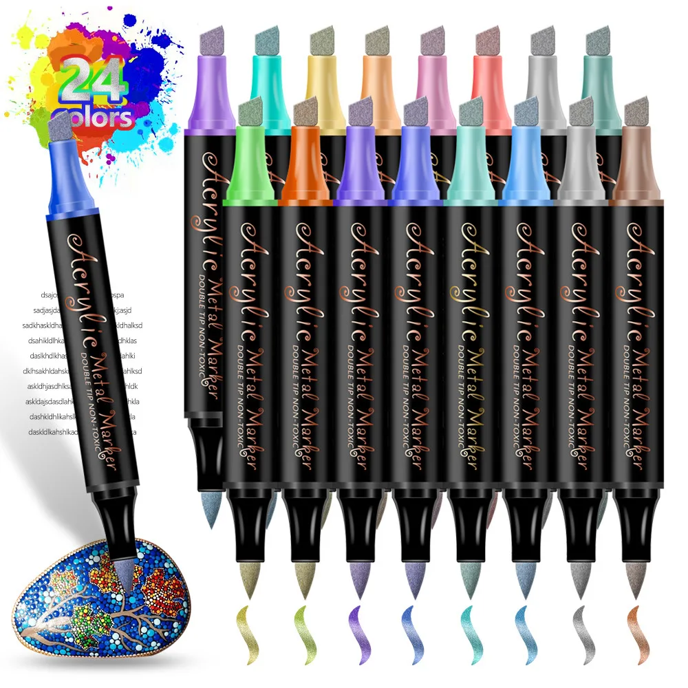12/24 컬러 메탈릭 마커, 이중 팁 이중 목적 아크릴 마커, 1-5mm 소프트 닙, 24가지 독특한 글리터 색상, 대규모 채색에 적합한 도끼 모양 닙, 미술 용품, 학생 선물