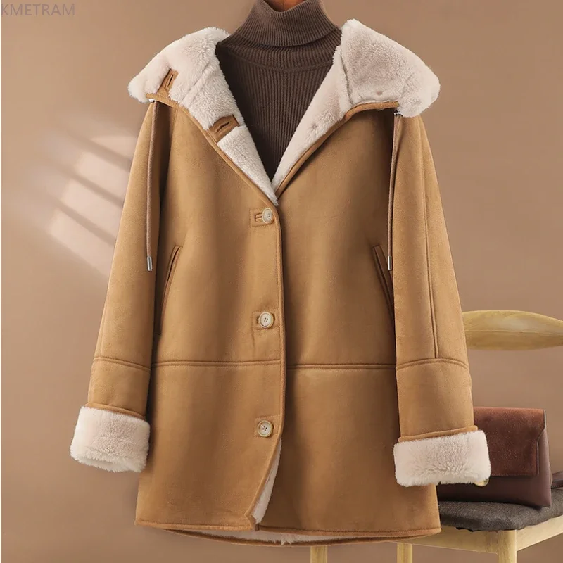 

Повседневная Женская куртка с капюшоном и овчиной, Осень-зима 2023, 100% шерстяные пальто для женщин, меховое пальто средней длины, женские шерстяные куртки