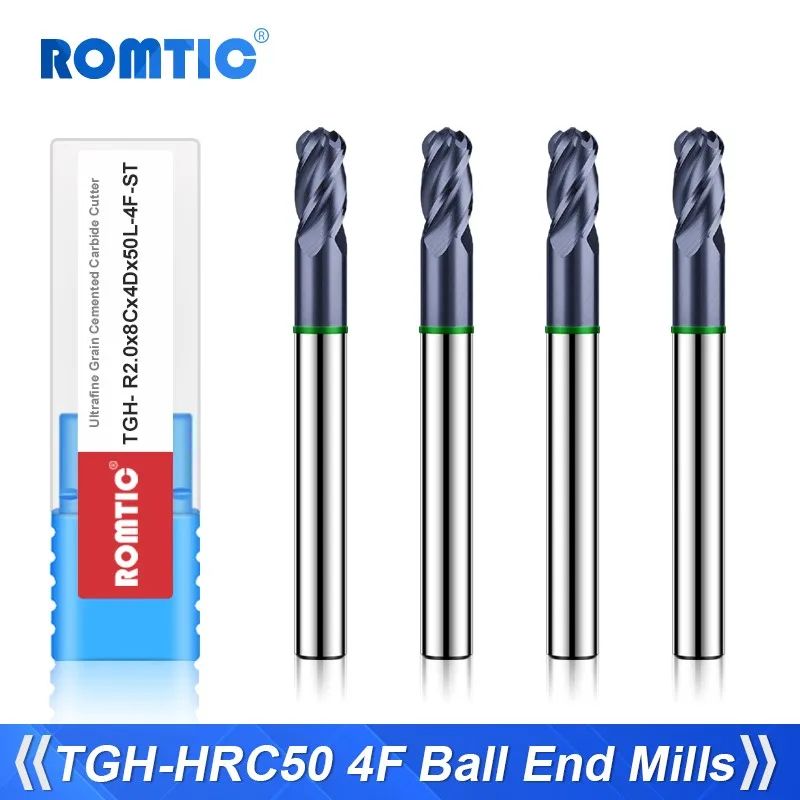 

ROMTIC TGH-HRC50 Tungsten Steel Carbide For Steel Milling Cutter 4F Color-Ring Coating CNC Mechanical Ball End Endmills Tools