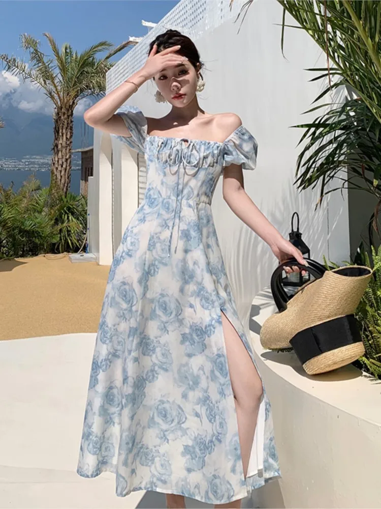 French Elegant Blue Floral Print Dresses for Women Fashion Sexy Slited Square Collar Off the Shoulder Beach Holiday Party Dress